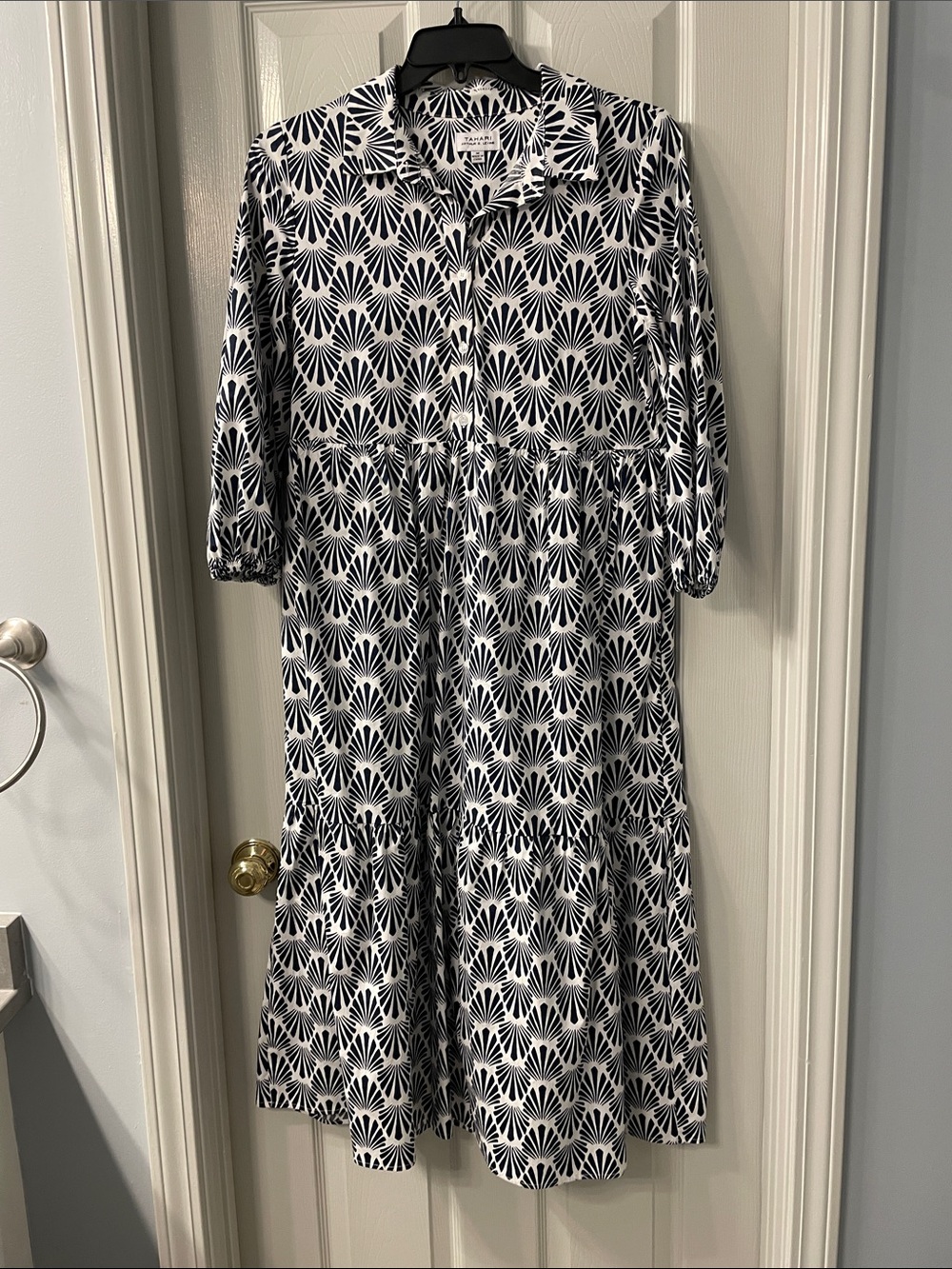 Tahari Navy and White Printed Tiered Casual Dress